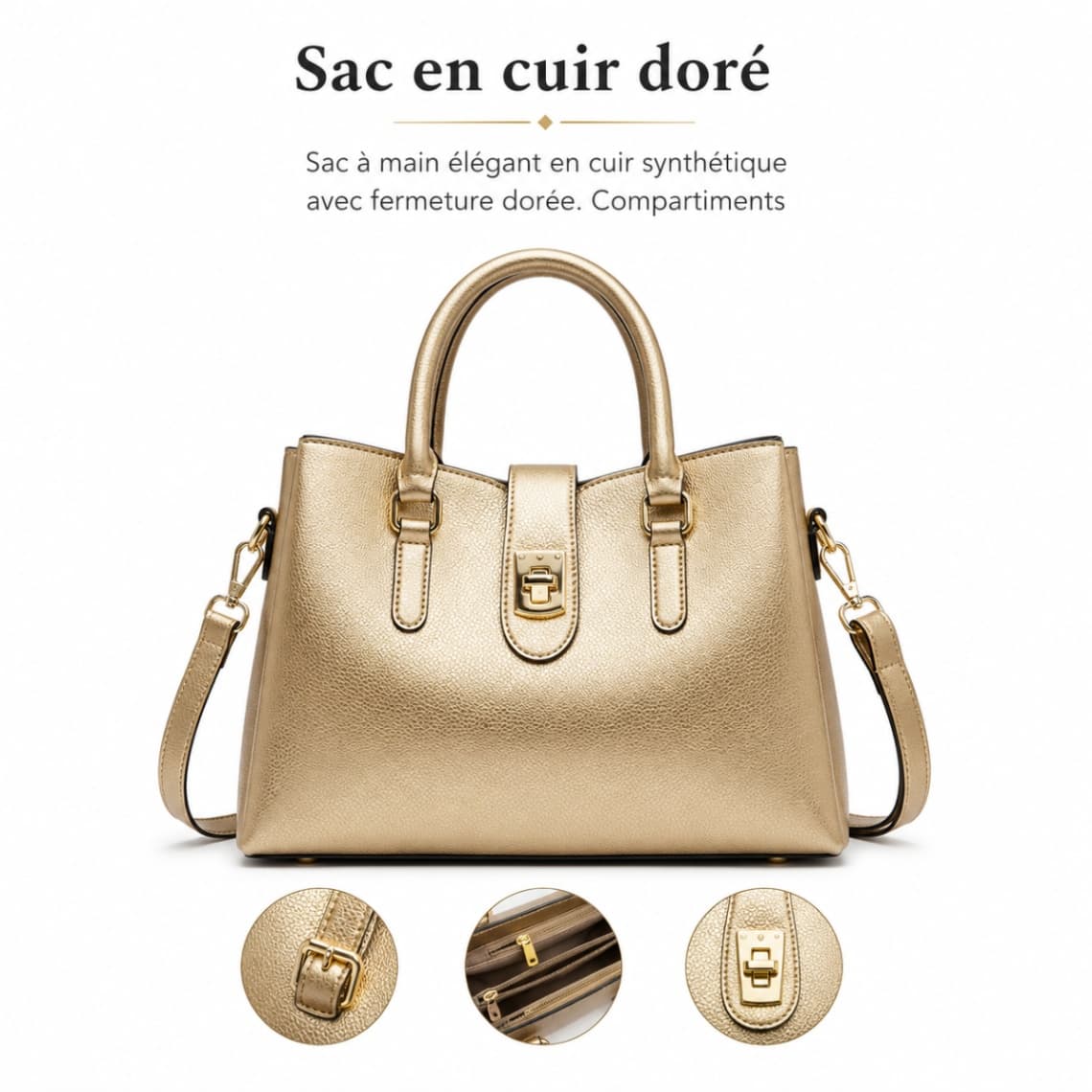 Elegant Gold Synthetic Leather Handbag